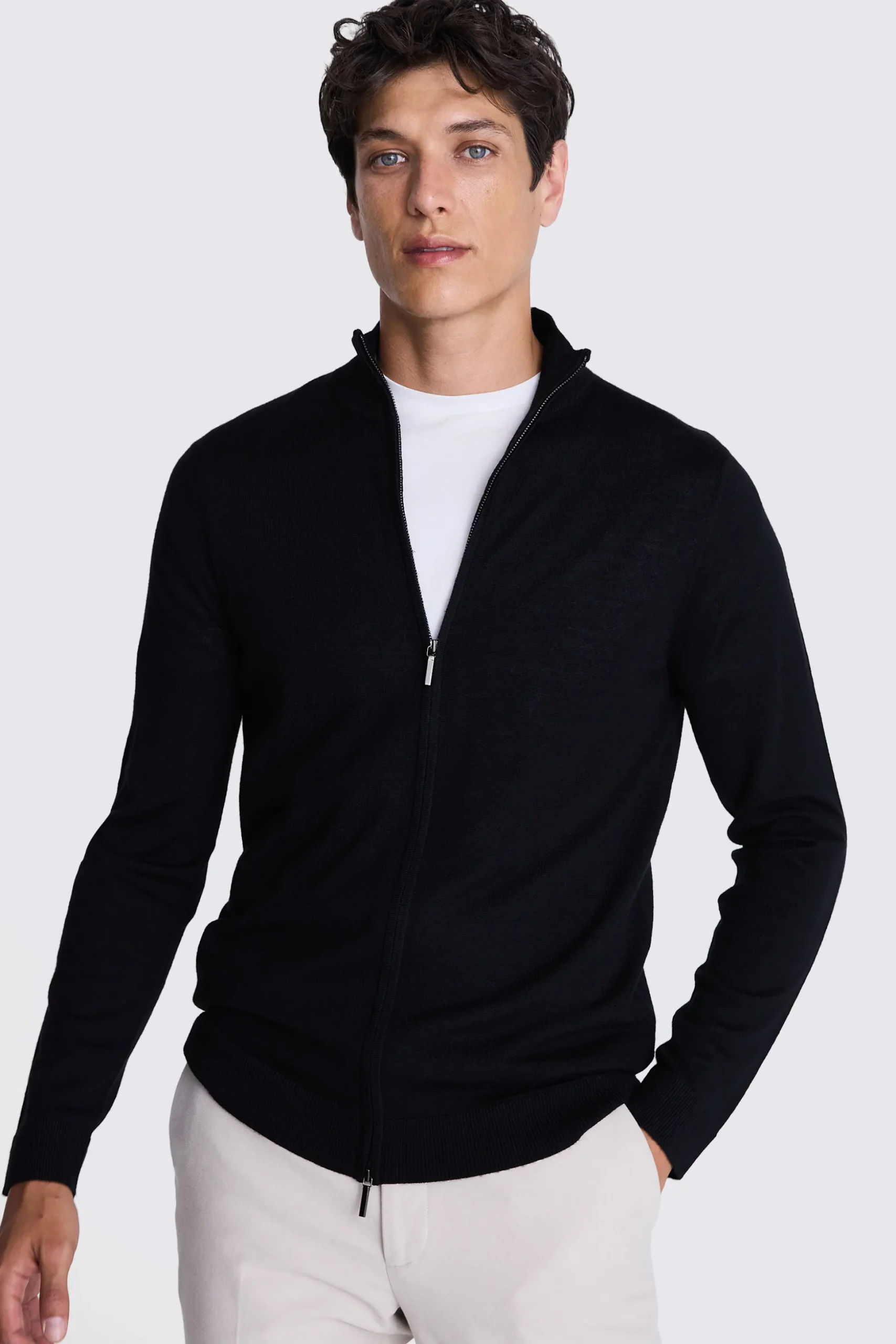 Black Merino Zip Down Funnel-Neck