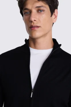 Black Merino Zip Down Funnel-Neck