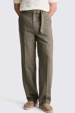 Khaki Cotton Linen Self Belt Trousers