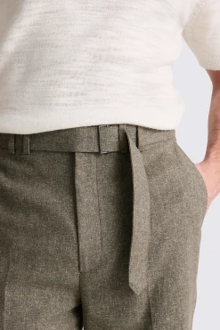 Khaki Cotton Linen Self Belt Trousers