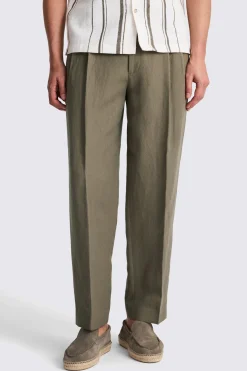 Khaki Wool Linen Wide Leg Trousers