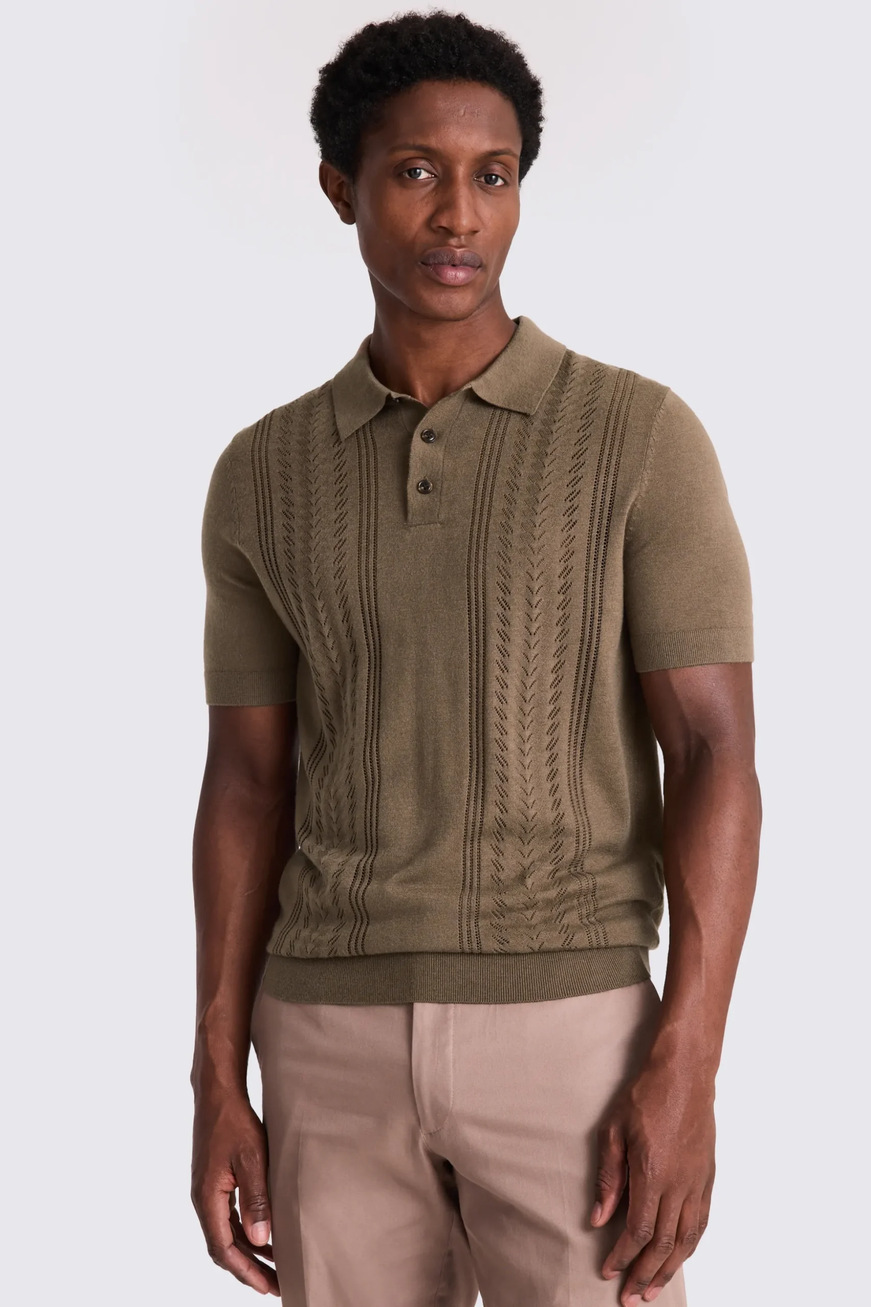 Light Brown 3 Button Pointelle Polo Shirt
