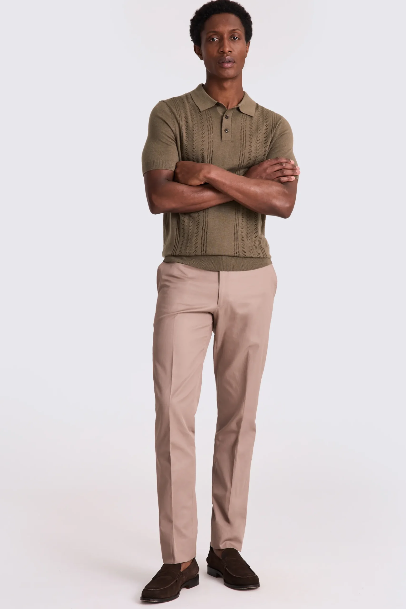 Light Brown 3 Button Pointelle Polo Shirt