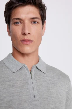 Light Grey Merino Zip-Neck Polo Shirt
