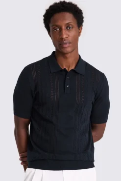 Navy 3 Button Pointelle Polo Shirt