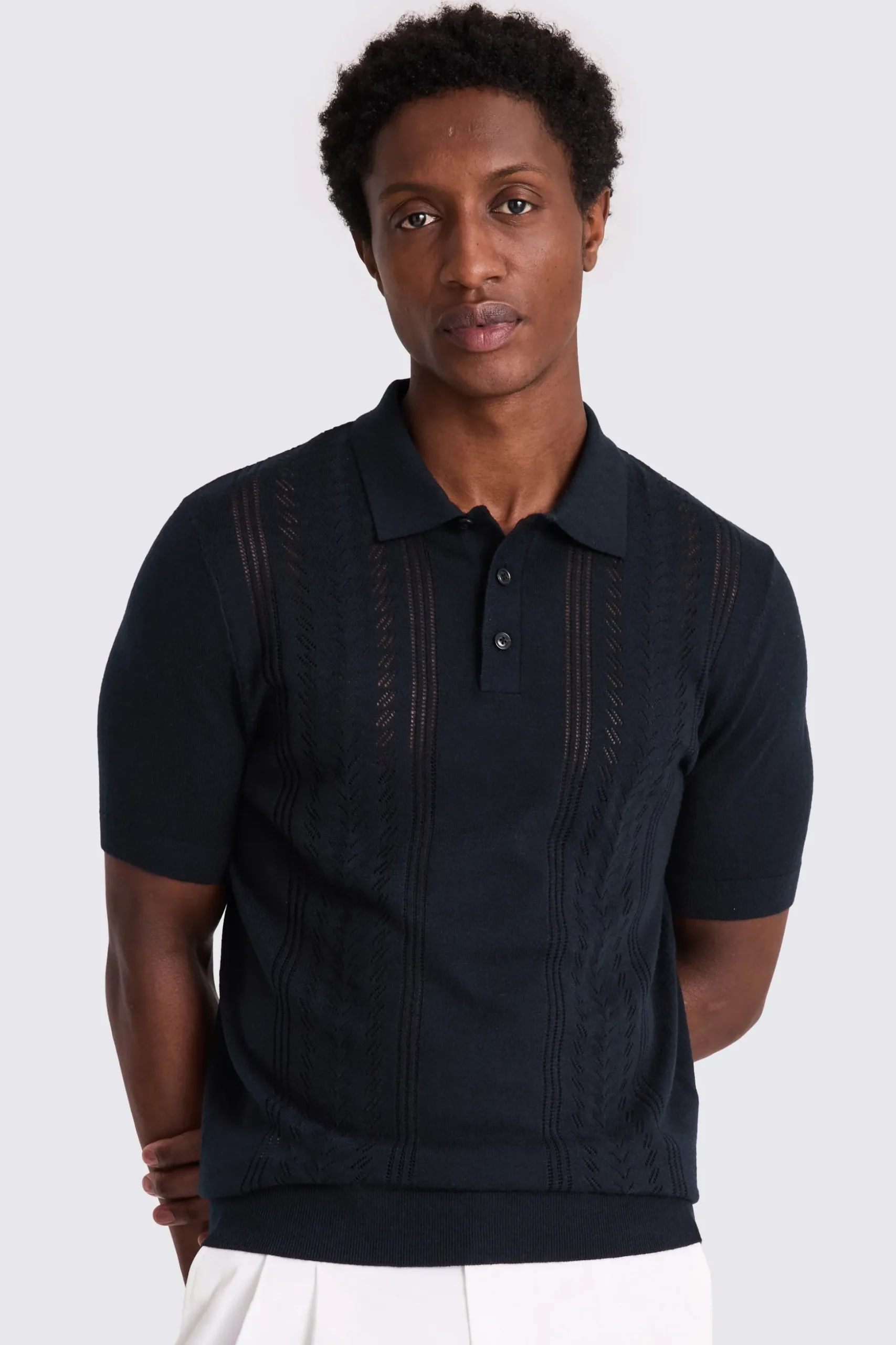 Navy 3 Button Pointelle Polo Shirt