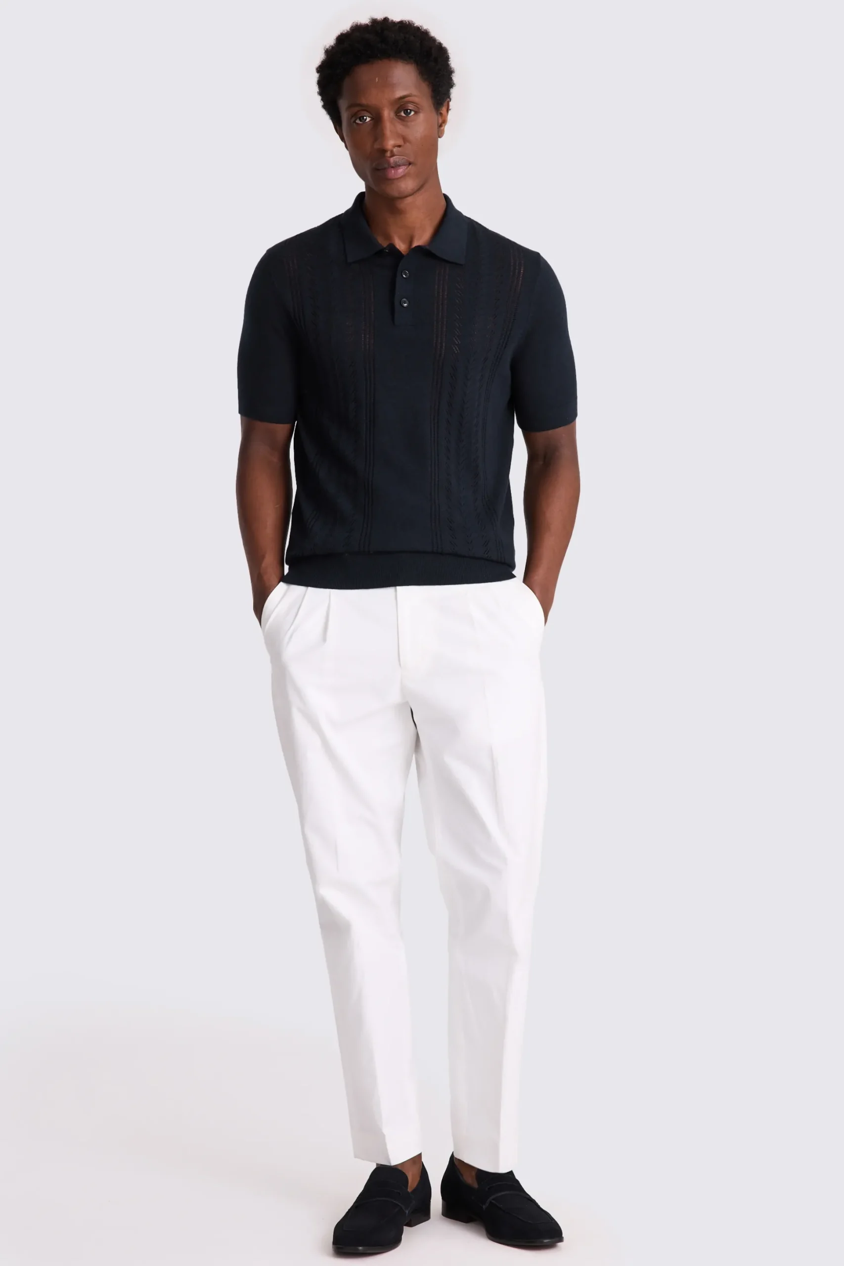Navy 3 Button Pointelle Polo Shirt