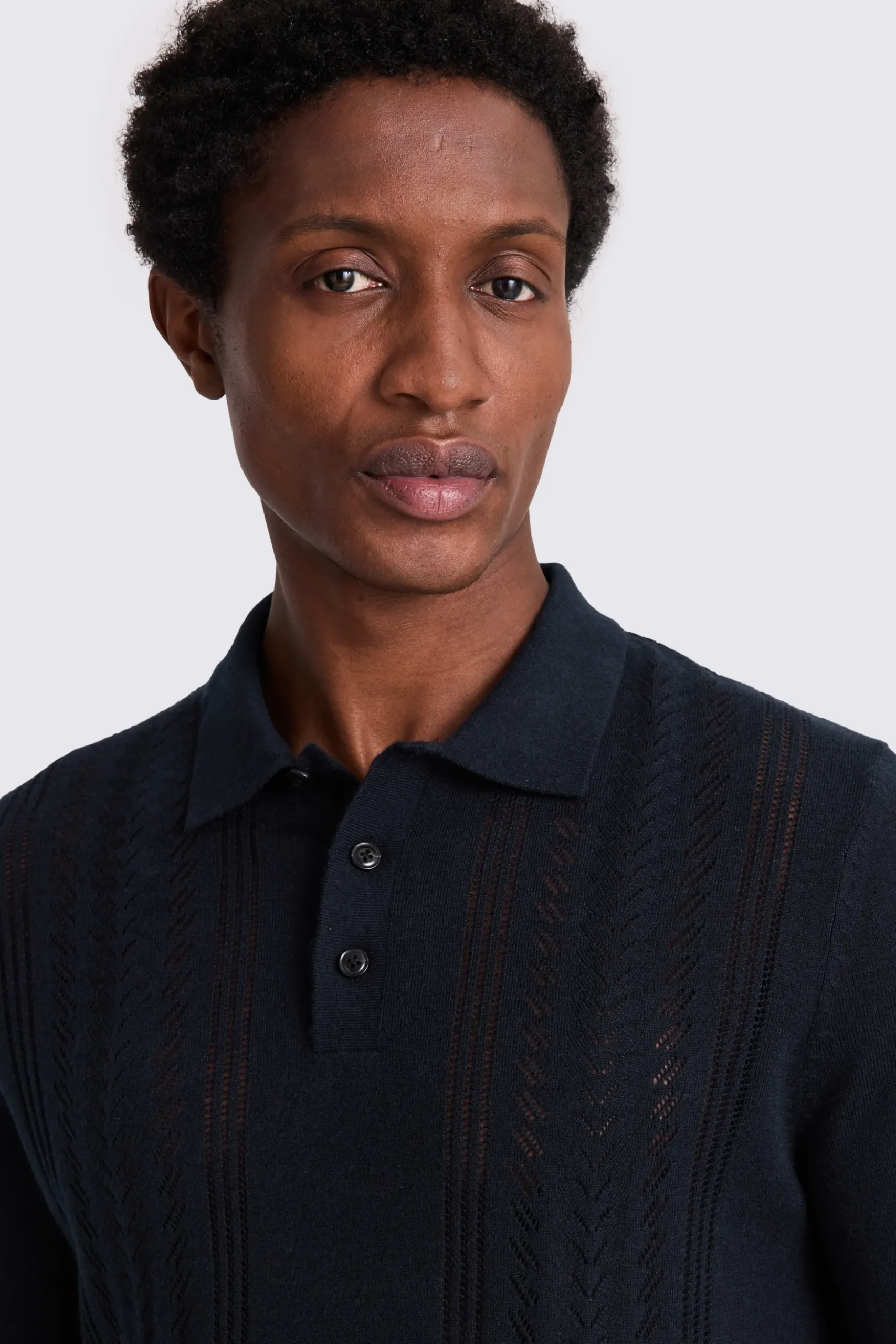 Navy 3 Button Pointelle Polo Shirt