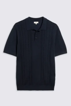 Navy 3 Button Pointelle Polo Shirt