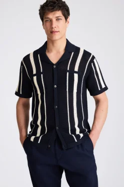 Navy & White Stripe Open Knit Shirt
