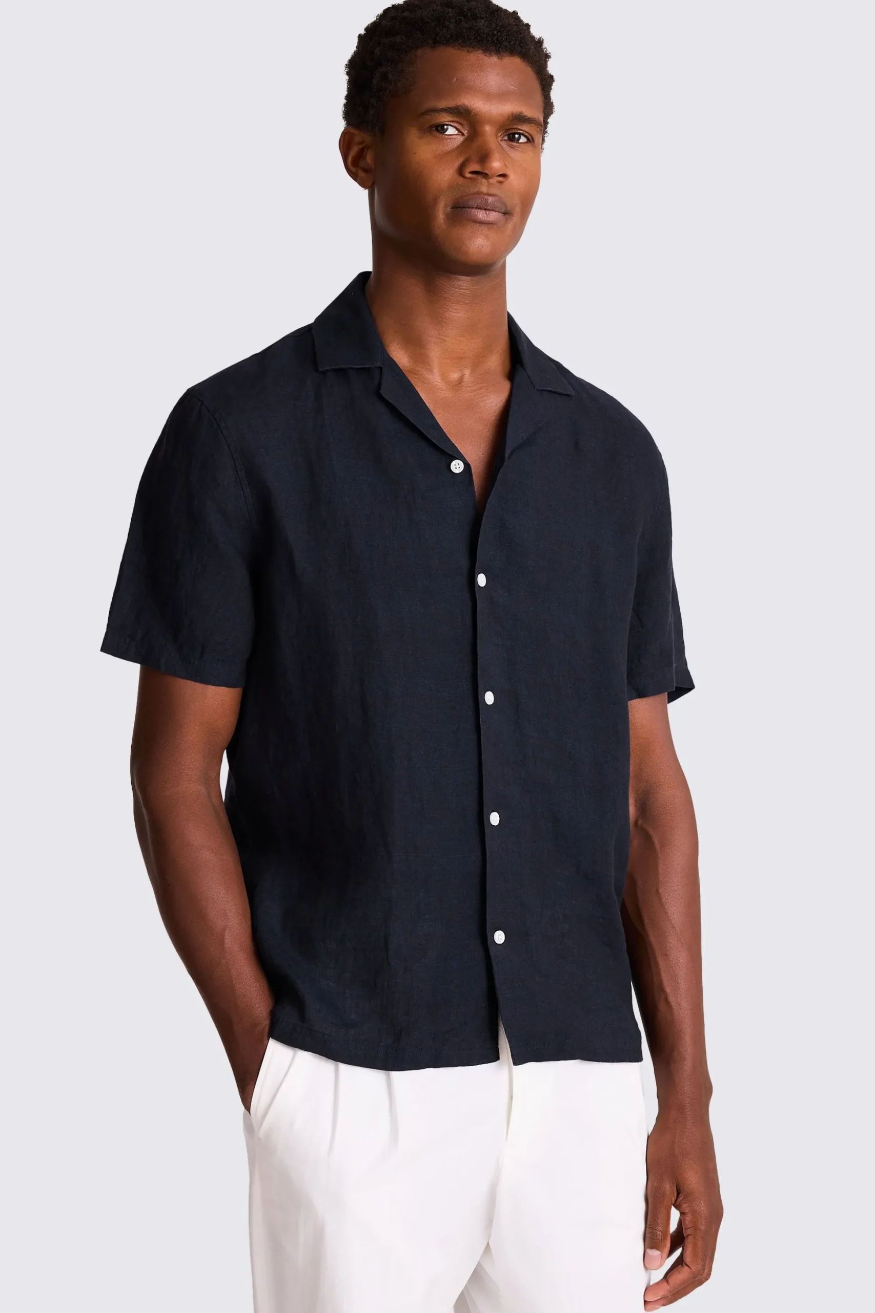 Navy Cuban Collar Linen Shirt