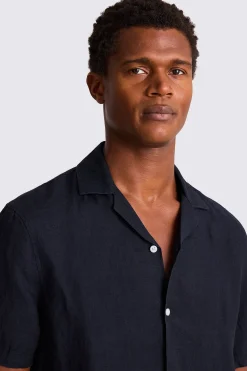 Navy Cuban Collar Linen Shirt