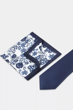 Navy Floral Tie, Hank & Tie Bar Set