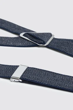 Navy Herringbone Tweed Clip-On Braces