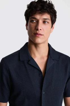Navy Knitted Cuban Collar Shirt