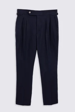 Navy Linen Pleated Trousers