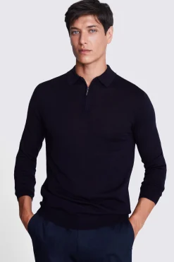 Navy Merino Zip-Neck Polo Shirt