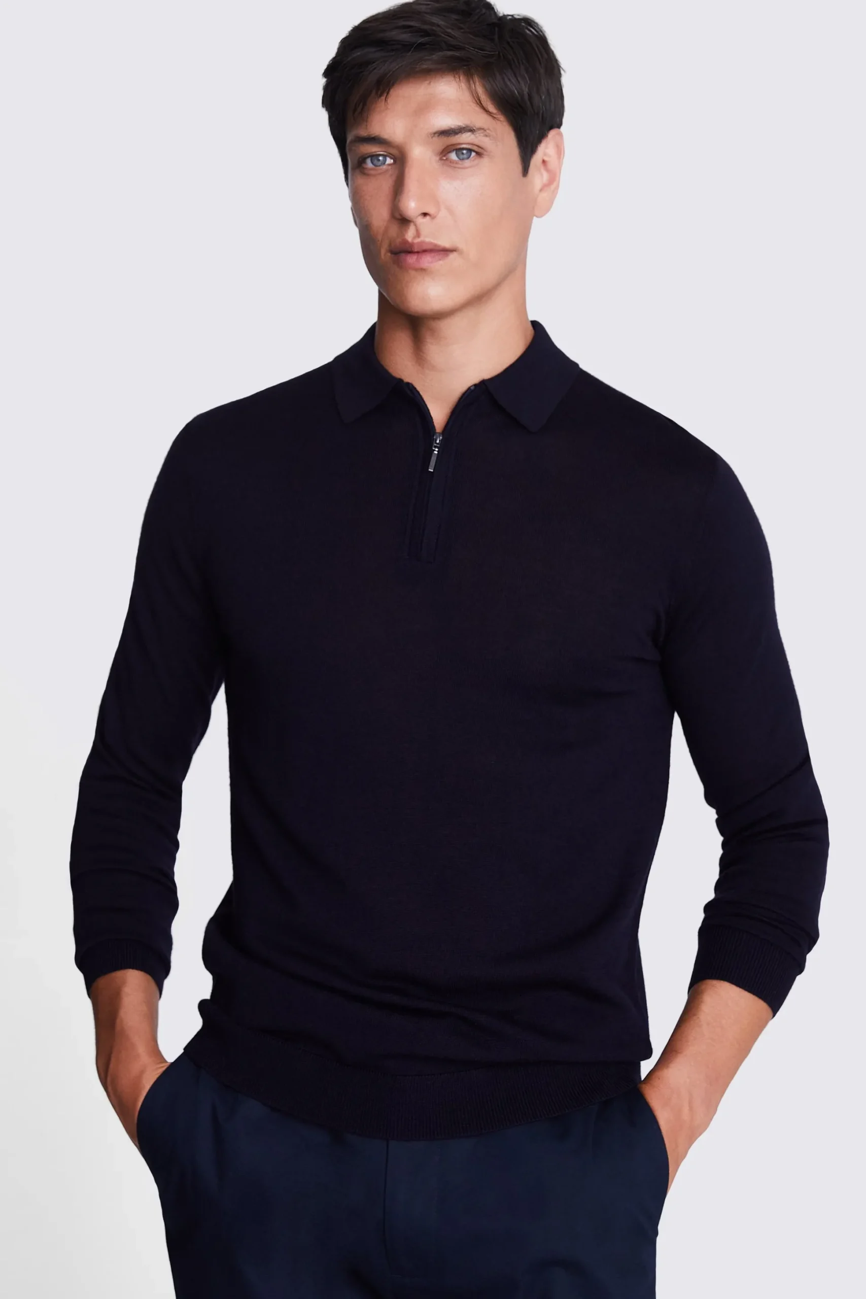 Navy Merino Zip-Neck Polo Shirt