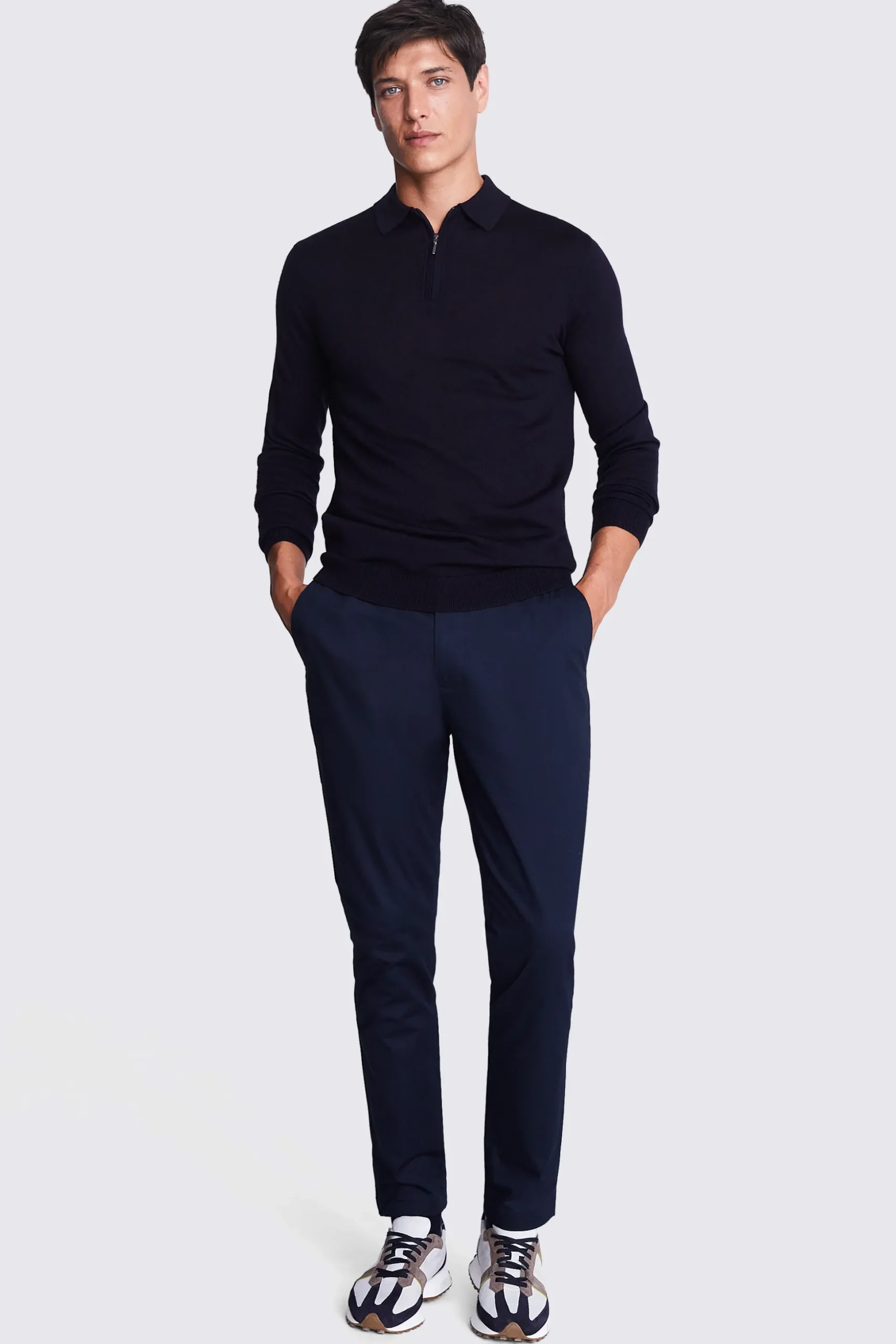 Navy Merino Zip-Neck Polo Shirt