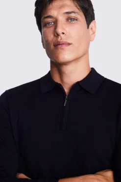 Navy Merino Zip-Neck Polo Shirt