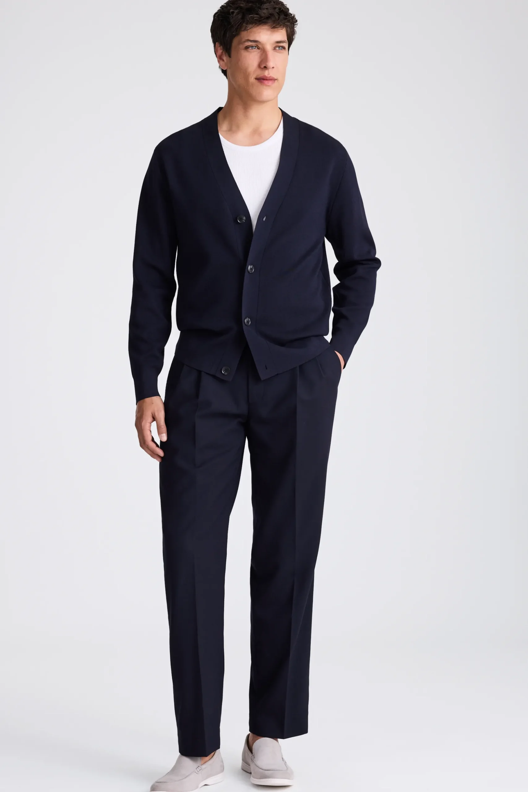 Navy Wool Pleated Trousers