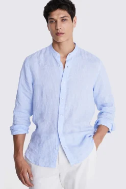Sky Linen Grandad Collar Shirt