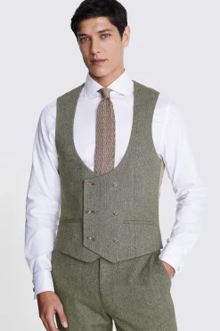 Slim Fit Sage Herringbone Tweed Waistcoat