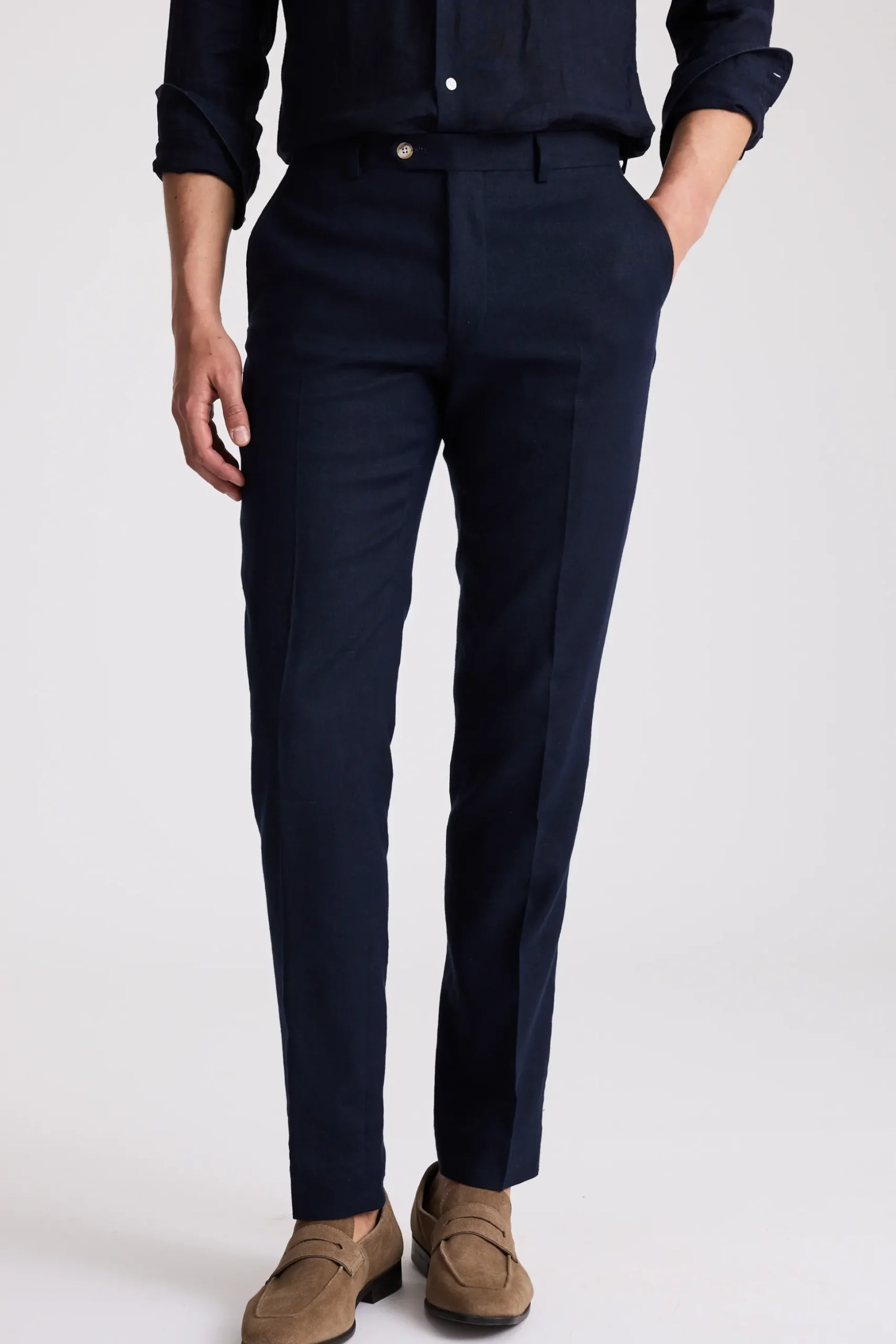 Tailored Fit Navy Matte Linen Trousers