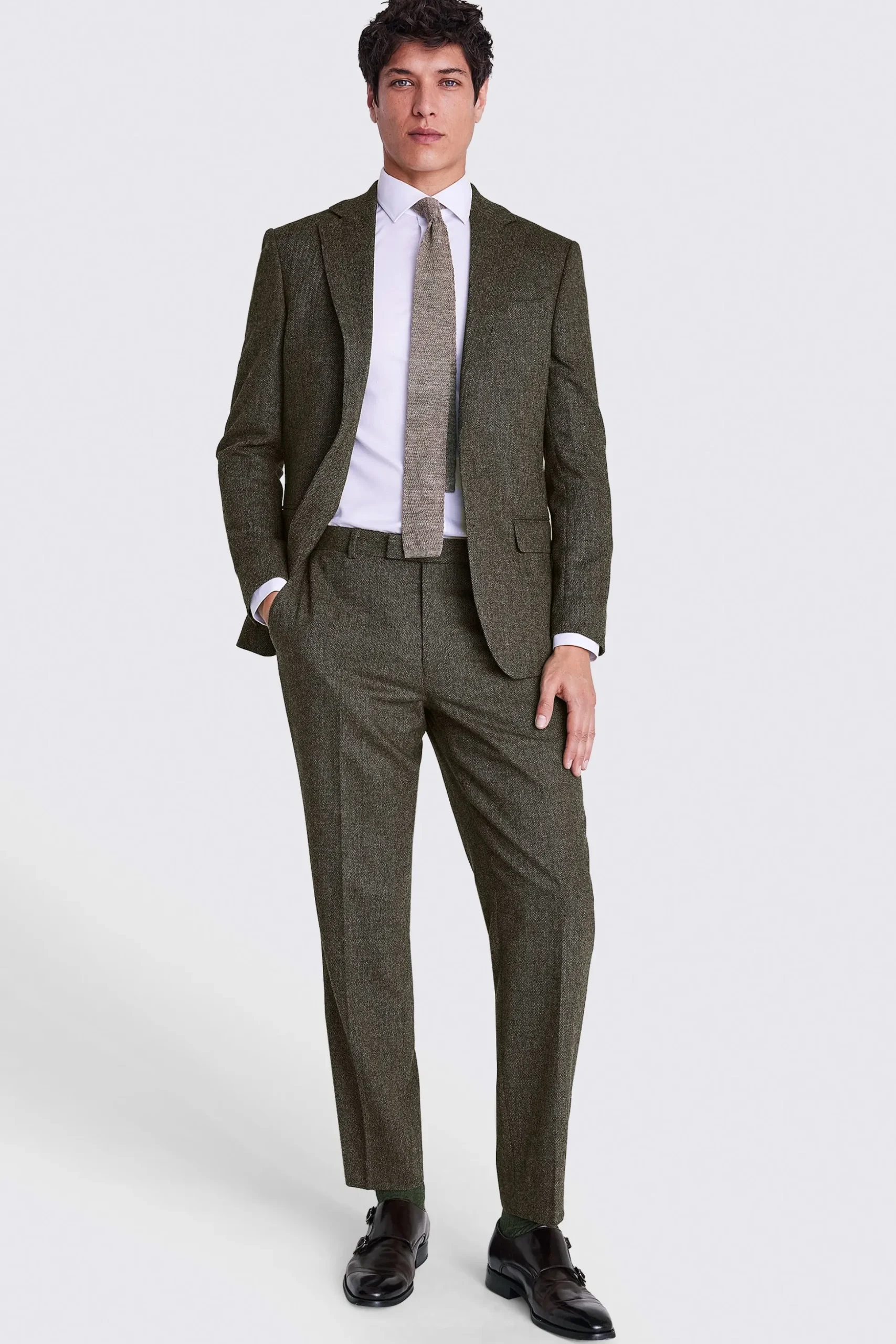 Tailored Fit Olive Herringbone Suit