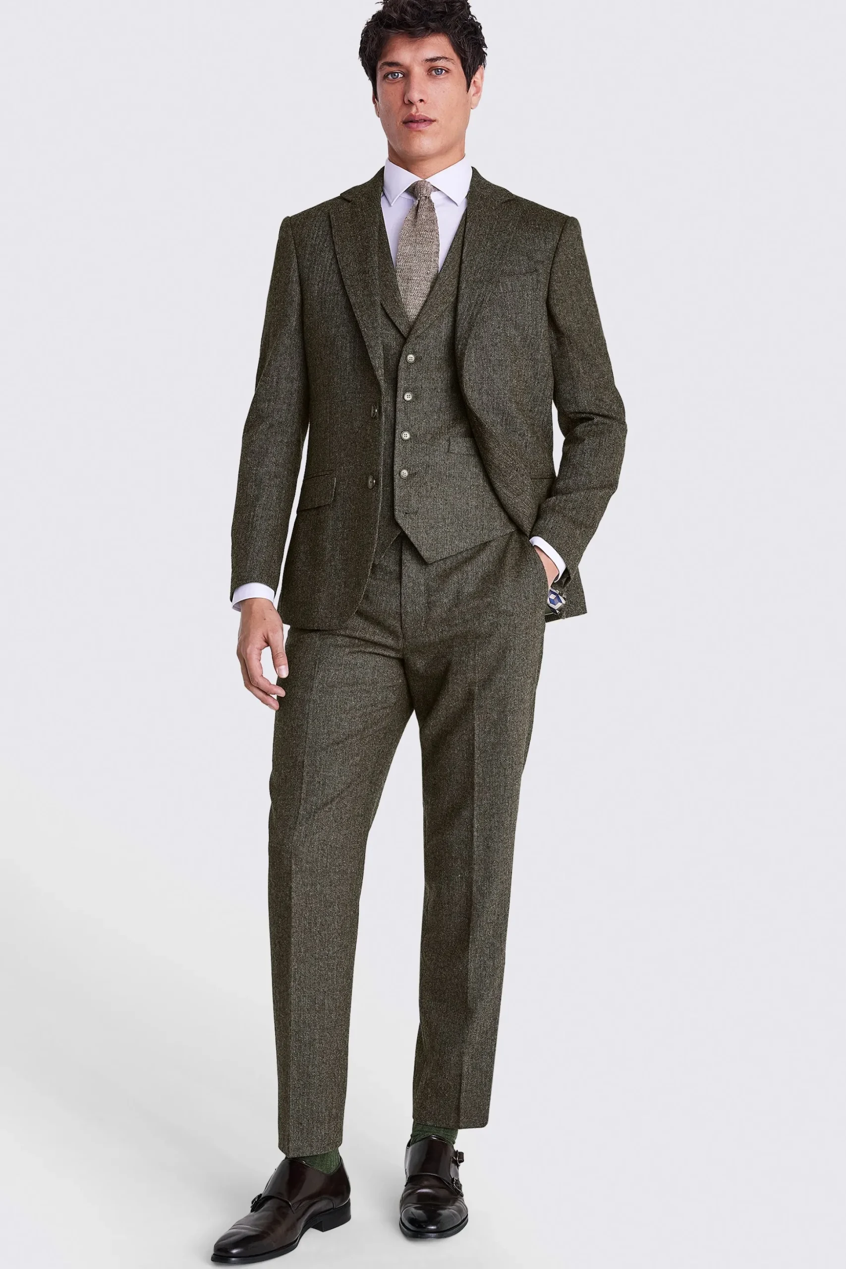 Tailored Fit Olive Herringbone Suit