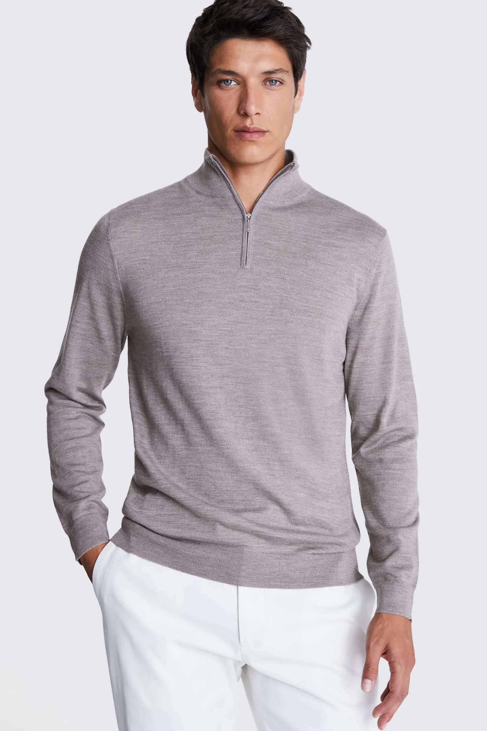 Taupe Melange Merino Zip-Neck Jumper